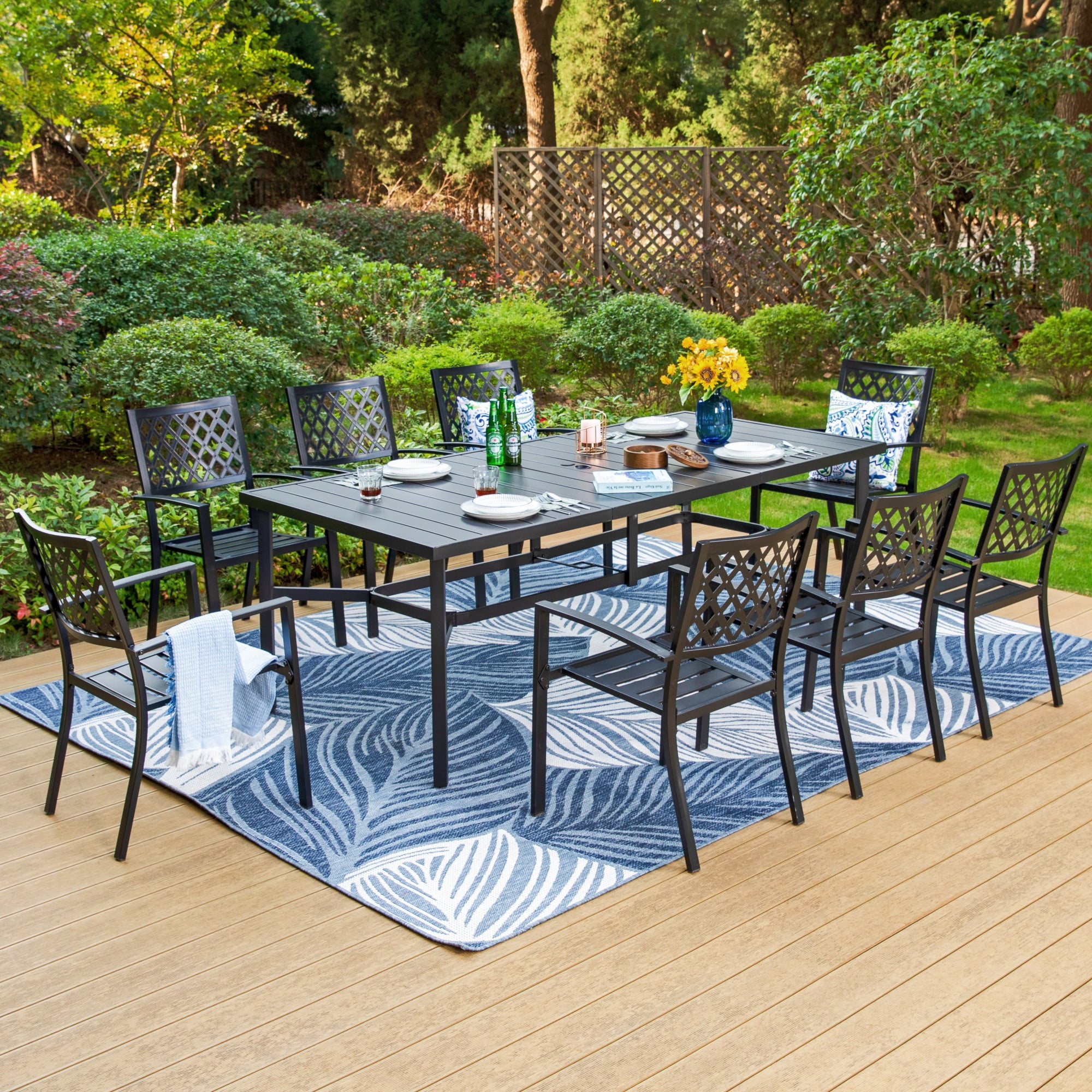 MF Studio 9-Piece Outdoor Patio Dining Set with Stacking Chairs & 8-Person Table, Black - Detailed View 2 | EuroLife Furniture