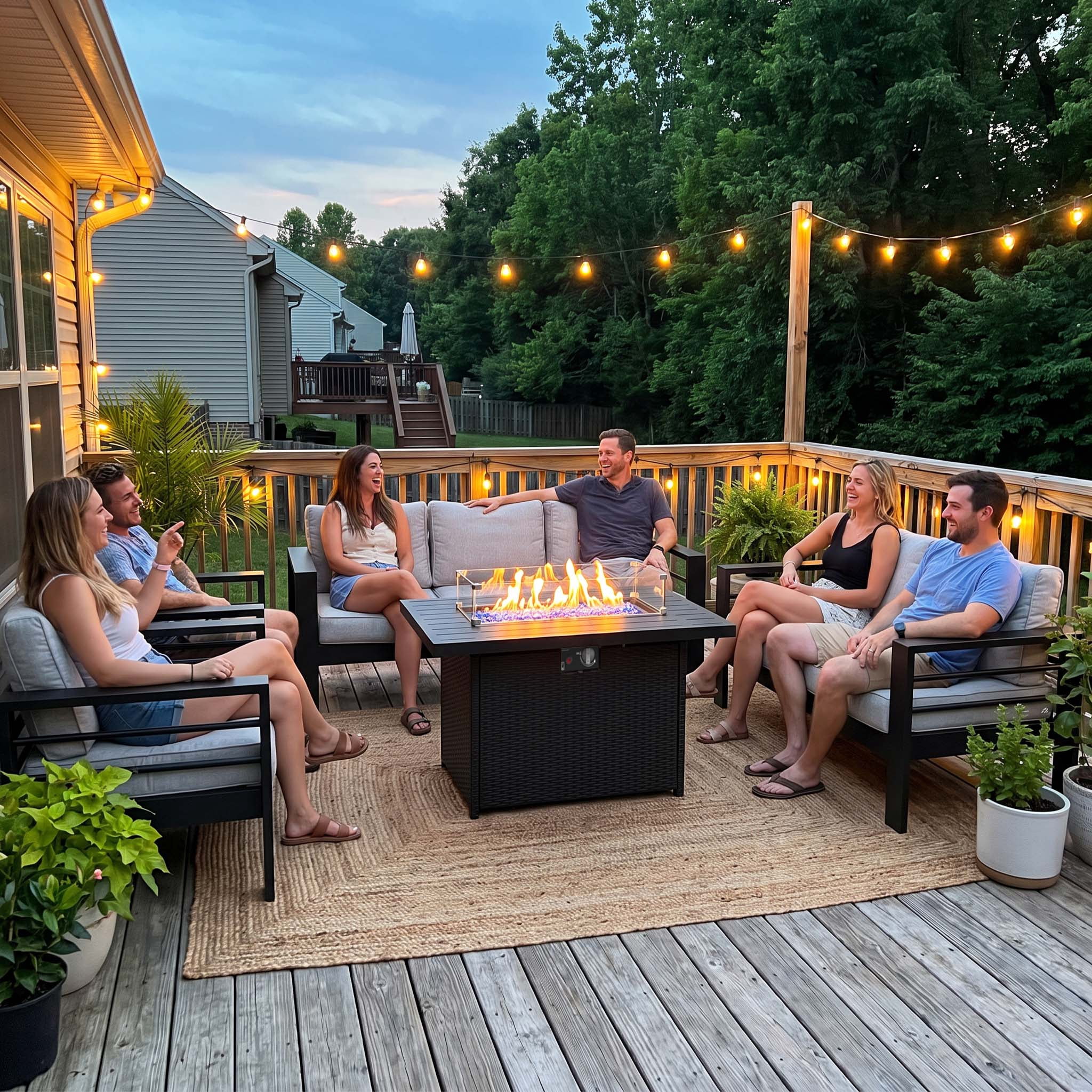 LayinSun Aluminum Furniture Set with Fire Pit Table, 5 Pieces Patio Sectional Conversation Chat Sofa Modern Seating Set - Aluminum Lounge Sets by EuroLife Furniture