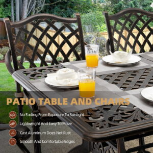 7 Piece Retro Outdoor Dining Set, Cast Aluminum Patio Set Includes 59” Rectangular Table, 6 Chairs with Thicker Cushions, and Umbrella Hole for Patio, Deck, Garden