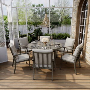HAPPATIO Patio Dining Set, Aluminum Round Outdoor Dining Set for 6, 52" Round Dining Table with Umbrella Hole and 6 Chairs, Outdoor Table and Chairs with Removable Cushion for Lawn Yard Patio