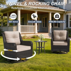 ALAULM 8PCS Patio Furniture Set, Outdoor Thick Wicker Sectional Sofas with Swivel Chair & Ottoman, High Back Sectional Couch with Fire Pit Table, Outdoor Conversation Set for Backyard, Porch, Sand