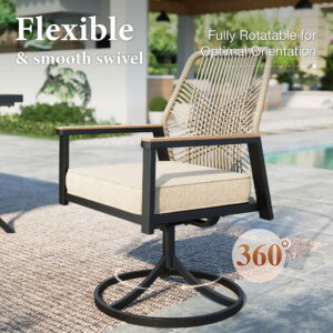 MF Studio 7-Piece Patio Dining Set, All-Weather Rattan Rope Swivel & Fixed Chairs and Rectangular Table with Umbrella Hole, Black and Beige