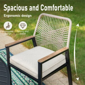 MF Studio 7-Piece Patio Dining Set, All-Weather Rattan Rope Swivel & Fixed Chairs and Rectangular Table with Umbrella Hole, Black and Beige