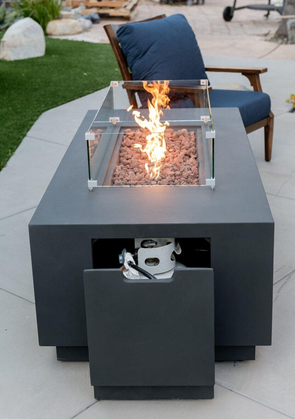 AMS Fireplace Creations 66" Dark Gray Sedona Fire Pit Table w/ Pullout Propane Tank Drawer - Detailed View 3 | EuroLife Furniture