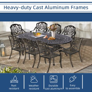 9-Piece Patio Cast Aluminum Dining Set, Outdoor Dining Furniture Set for 8 Person, Includes 84" Oval Table and 8 Chairs with Umbrella Hole for Patio Deck Garden