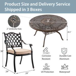 AIWOEN 5-Piece Cast Aluminum Patio Furniture, Outdoor Dining Sets for 4 Include 54" Round Patio Dining Table and 4 Stackable Chairs with Cushions & Umbrella Hole (Bronze)