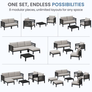 SERWALL HDPE 8 Pieces Patio Furniture Set, All-Weather Outdoor Sectional Sofa Couch Set, Patio Conversation Set with Coffee Table, Ottomans & Cushions, Black/Khaki