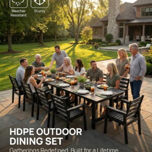 12 Piece HDPE Outdoor Dining Set for 10, Patio Dining Furniture Set with 2 Umbrella Hole, Weather Resistant Outdoor Table and Chairs for Garden, Poolside, Backyard, Deck