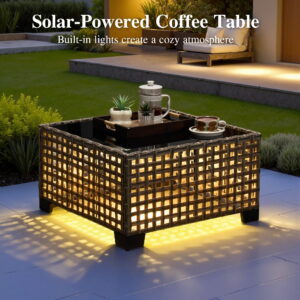 Ovios 6 Pieces Outdoor Patio Furniture Sectional Conversation Set, PE Wicker Outdoor Couch with Solar Coffee Table, Dark Gray Cushion