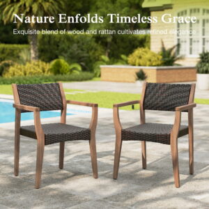 Alpha Joy 7-Piece Outdoor Patio Dining Set Wicker Rattan Chairs with Acacia Wood Structure and Extendable Wood Table, Dark Brown