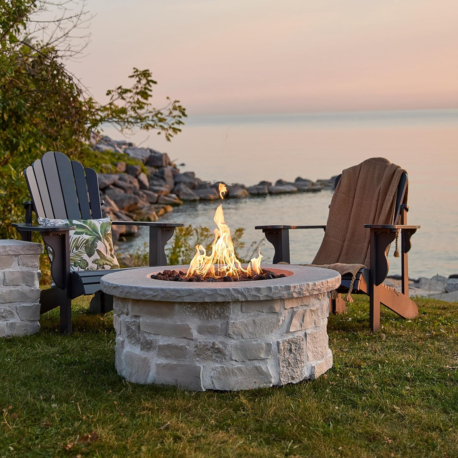 Real Flame Scottsdale 40" Round Stone Propane Fire Pit Table in Beige - Detailed View 5 | EuroLife Furniture