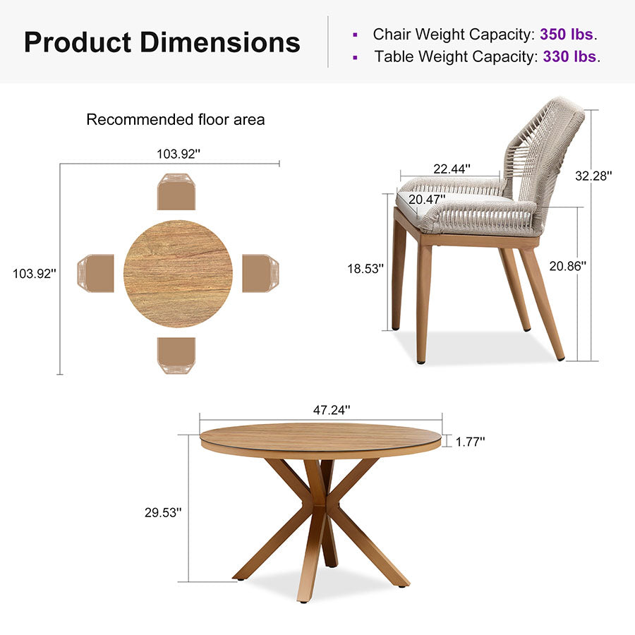 PURPLE LEAF Round Outdoor Dining Set Patio Aluminum Dining Set Round Table and Wicker Chairs with Sunbrella Cushions for Kitchen Deck - Detailed View 6 | EuroLife Furniture