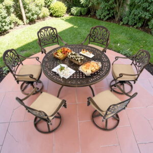 AIWOEN 7-Piece Cast Aluminum Patio Furniture, Patio Dining Set for 6 Include 54" Round Outdoor Dining Table and 6 Swivel Chairs with Cushions & Umbrella Hole (Bronze)