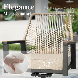 MF Studio 7-Piece Patio Dining Set, All-Weather Rattan Rope Swivel & Fixed Chairs and Rectangular Table with Umbrella Hole, Black and Beige