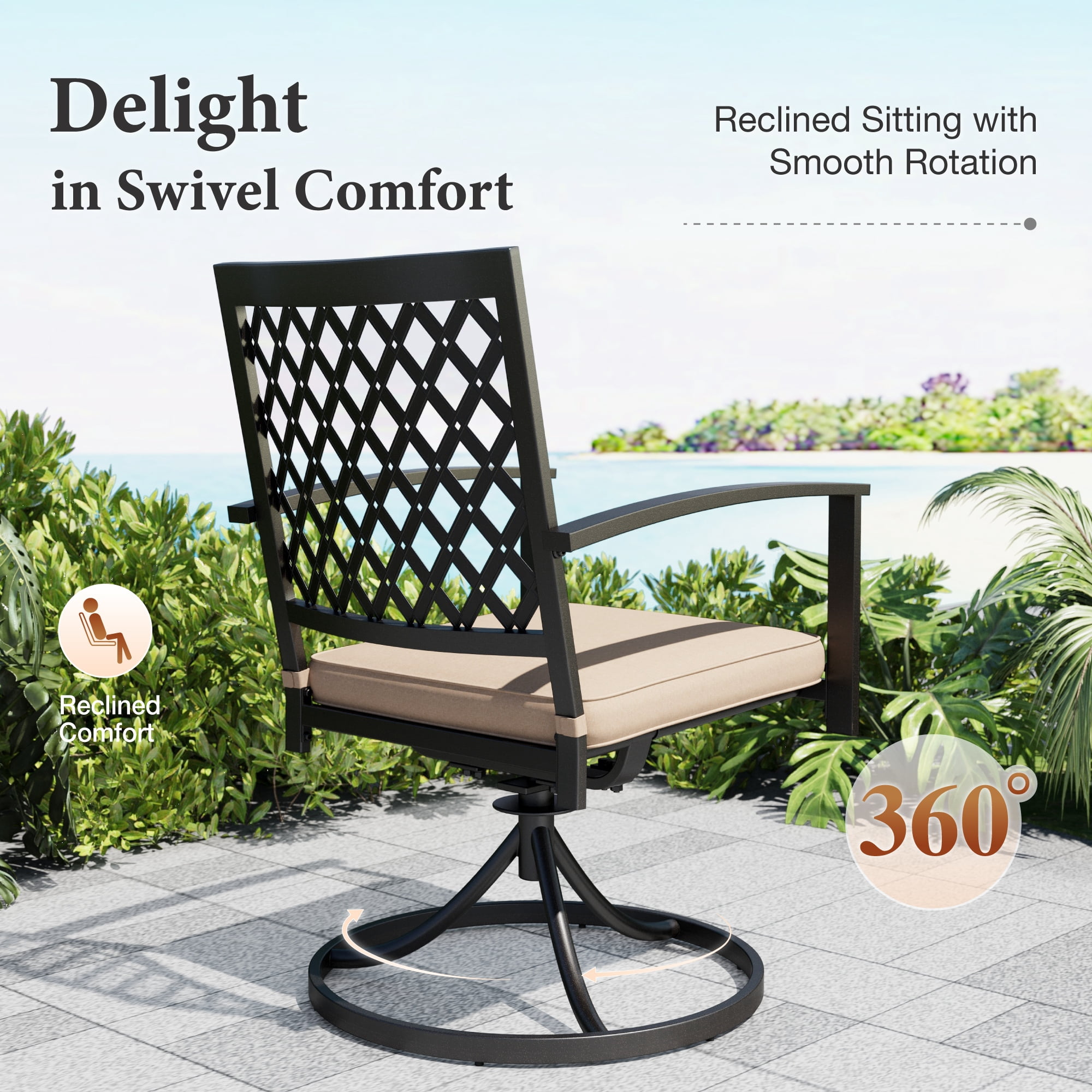 8-Piece Outdoor Patio Dining Set with 13 ft Umbrella, Six Swivel Chairs & Table for 6-Person, All-Weather, Black & Beige - Detailed View 3 | EuroLife Furniture