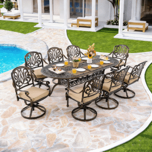9 Piece Outdoor Dining Set Cast Aluminum Patio Dining Set for 8 Includes 86.6 Table 8 Swivel Chairs with Cushion and Umbrella Hole