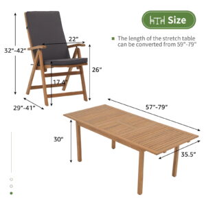 7 Piece Patio Dining Set, Outdoor Acacia Wood Furniture Set, Extendable Rectangular Table and 6 Foldable Reclining chairs /Removeable Cushion, FSC Certified, for Deck Garden Backyard