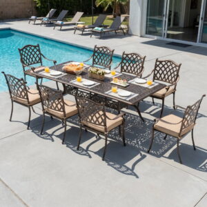 9-Piece Cast Aluminum Patio Furniture, Outdoor Dining Sets for 8 Include 87" Rectangular Patio Dining Table and 8 Stackable Chairs with Cushions & Umbrella Hole (Bronze)