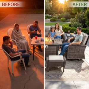 Outdoor Patio Furniture Set Built for All-Season Use, 7 Piece with Fire Pit Table, Rattan Wicker, 50K BTU
