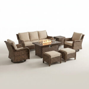 Outdoor Patio Furniture Set Built for All-Season Use, 7 Piece with Fire Pit Table, Rattan Wicker, 50K BTU