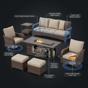 Outdoor Patio Furniture Set Built for All-Season Use, 7 Piece with Fire Pit Table, Rattan Wicker, 50K BTU