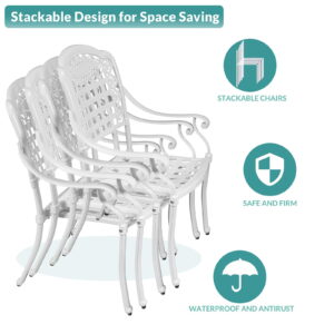 MEETWARM 9-Piece Outdoor Furniture Dining Set, All Weather Cast Aluminum Patio Garden Set with 8 Chairs,1 Oval Table, 2.2" Umbrella Hole, White