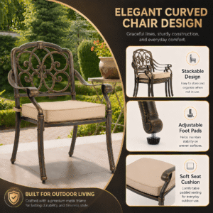 7 Piece Outdoor Dining Set Cast Aluminum, Retro Patio Dining Set for 6 Includes 59 Rectangular Table with Thicker Cushions and Umbrella Hole for Patio Deck Garden Porch