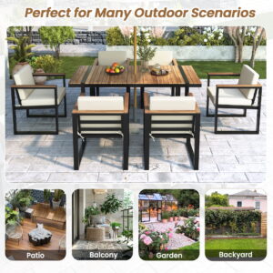Harper & Bright Designs Metal Patio Dining Table Set for 6 with Umbrella Hole, Outdoor Dining Furniture with Rectangle Table and 6 Chairs Set with Removable Cushions for Backyard Garden, Beige