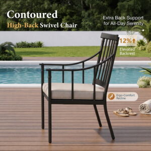 MF Studio 7-Piece Outdoor Patio Dining Set with Cushioned Chairs & 6-Person Table with Umbrella Hole, All-Weather, Black & Beige