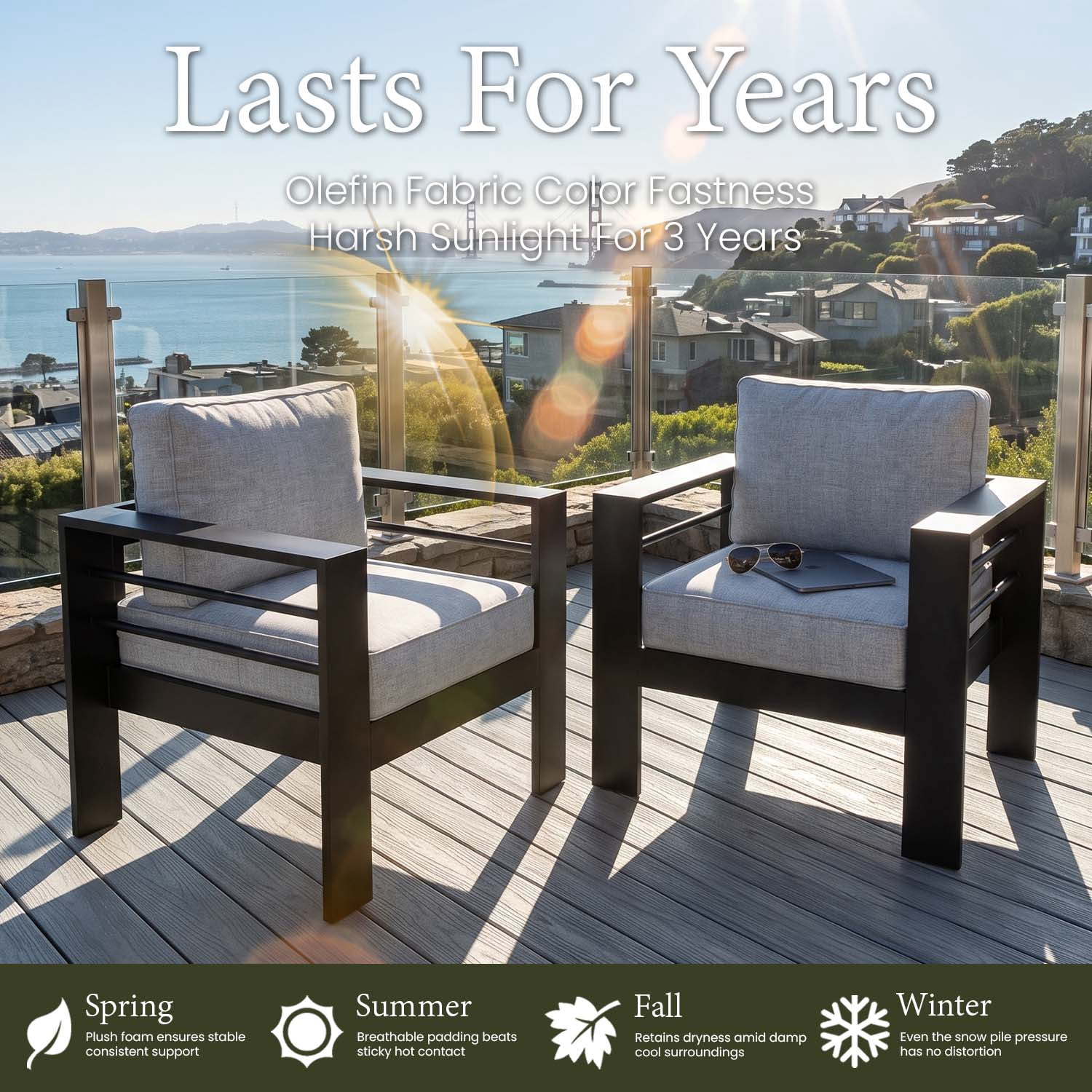 LayinSun Aluminum Furniture Set with Fire Pit Table, 5 Pieces Patio Sectional Conversation Chat Sofa Modern Seating Set - Detailed View 3 | EuroLife Furniture