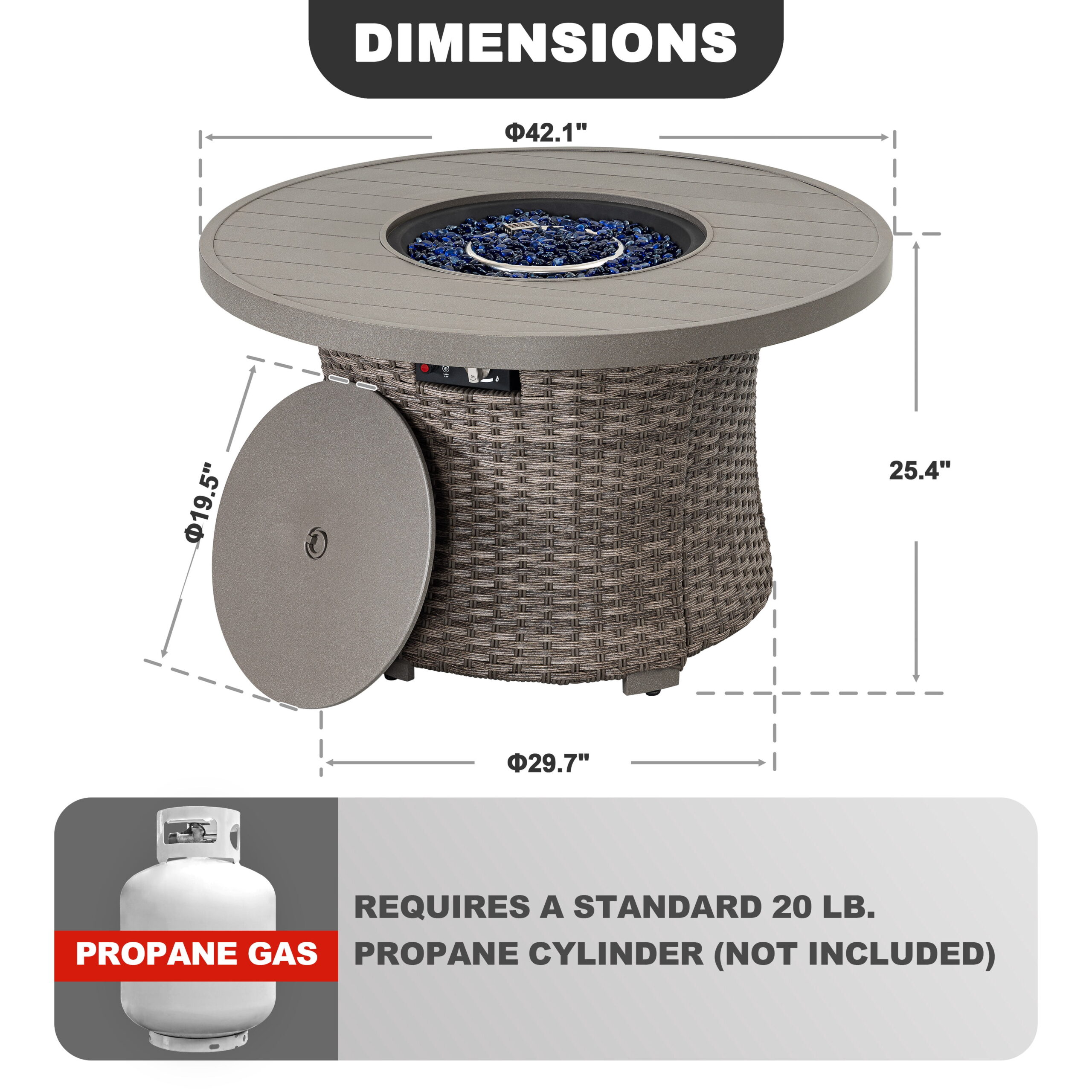 Nuu Garden Outdoor Round Propane Fire Pit Table with Glass Beads, 50000 BTU, CSA-Certified, Wicker Body, Slatted Aluminum Top, 304 Stainless Steel Burner, Slide-Out Tank Storage, Gray - Detailed View 3 | EuroLife Furniture