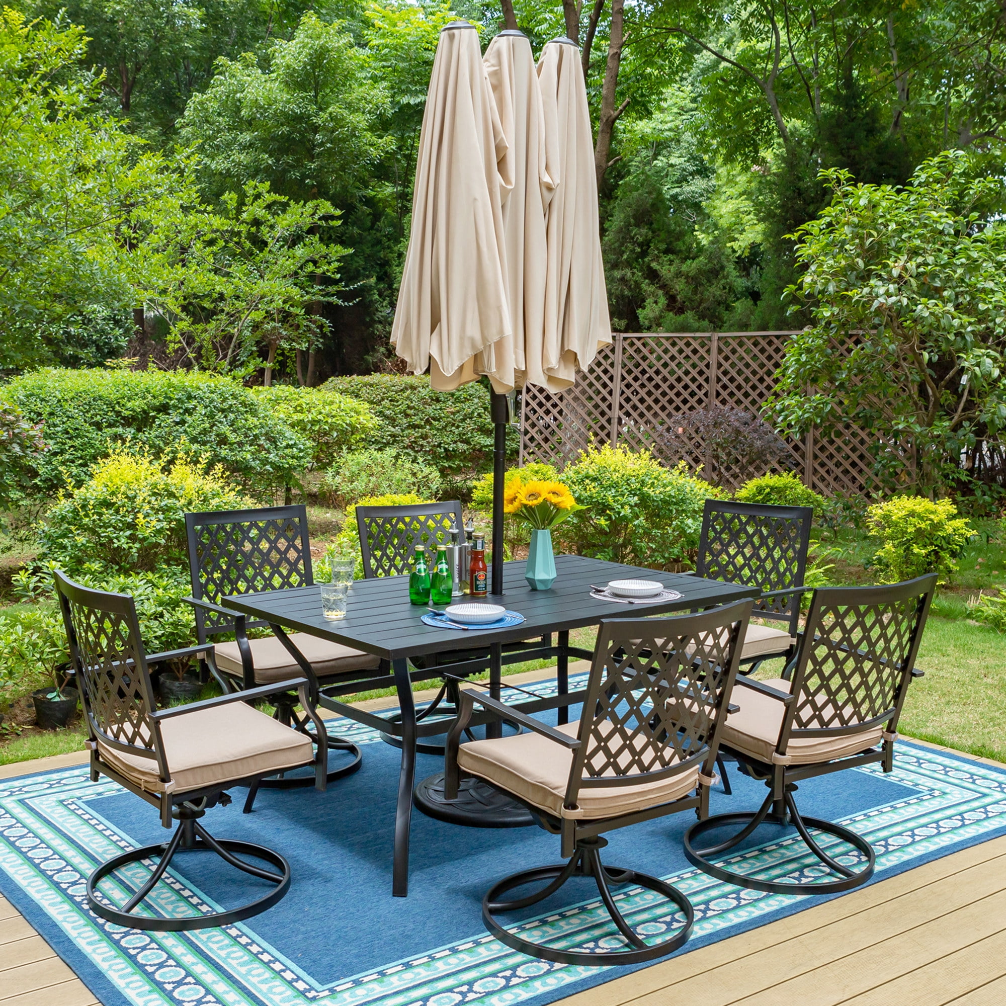8-Piece Outdoor Patio Dining Set with 13 ft Umbrella, Six Swivel Chairs & Table for 6-Person, All-Weather, Black & Beige - SUMMIT L 8–9 Piece Dining Sets by EuroLife Furniture