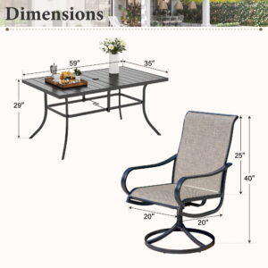 SUMMIT LIVING 8 Pieces Outdoor Patio Dining Set with 13FT Umbrella, High Back Swivel Textilene Chairs and Metal Patio Table for 6, Black & Brown Gray