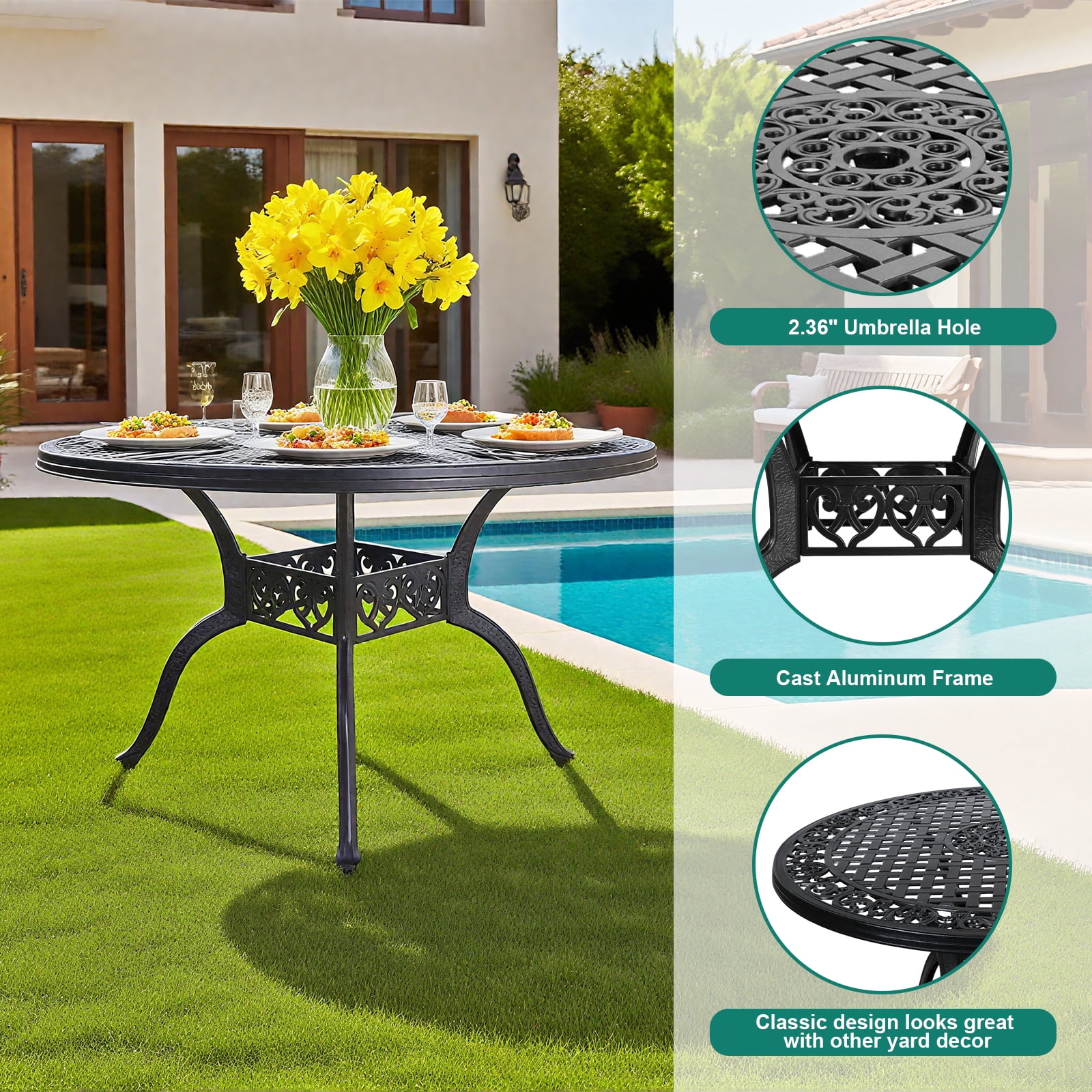 5 Pieces Cast Aluminium Patio Dining Set for 4-6 Person,Round 48" Patio Table and Chairs Set of 4 with 2.3" Umbrella Hole,Outdoor Patio Furniture Dining Set for Porch Backyard Deck, Black - Detailed View 4 | EuroLife Furniture