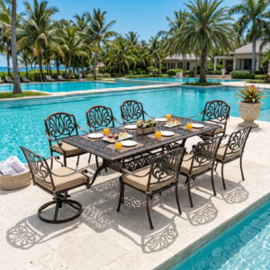 9-Piece Cast Aluminum Patio Furniture, Outdoor Dining Sets for 8 Include 87" Rectangular Patio Dining Table, 6 Stackable Chairs & 2 Swivel Chairs with Cushions & Umbrella Hole(Bronze)
