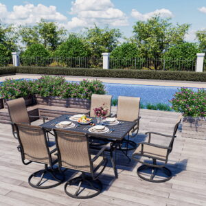 Pamapic 7-Piece Metal Outdoor Beige Patio Dining Set with 6 Textilene Swivel Chairs