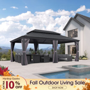 PURPLE LEAF Patio Gazebo for Backyard Grey Hardtop Galvanized Steel Roof Awning with Reinforcement Support Rod