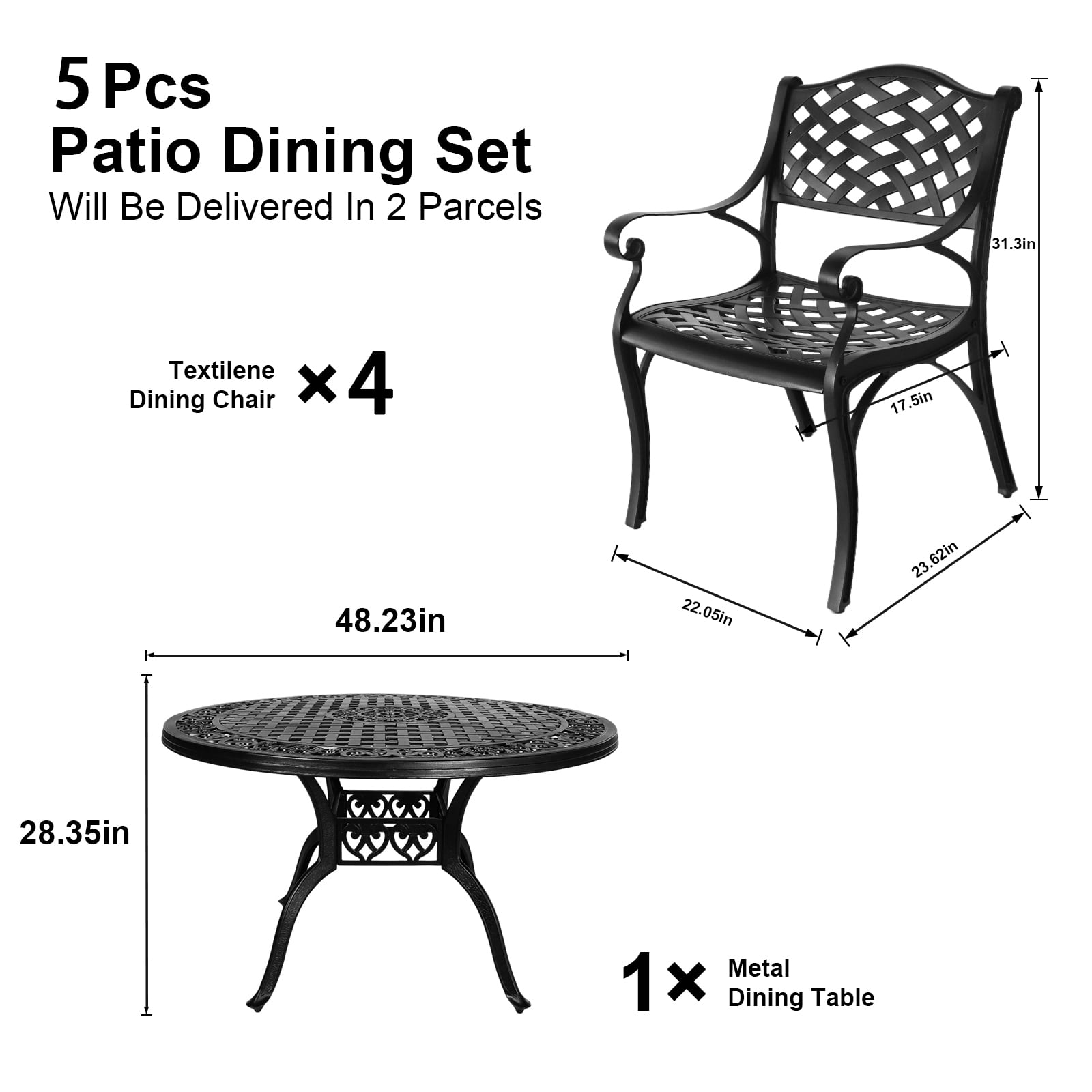 5 Pieces Cast Aluminium Patio Dining Set for 4-6 Person,Round 48" Patio Table and Chairs Set of 4 with 2.3" Umbrella Hole,Outdoor Patio Furniture Dining Set for Porch Backyard Deck, Black - Detailed View 2 | EuroLife Furniture