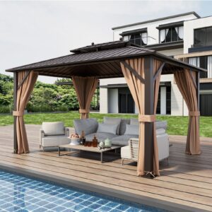 10x13ft Double-Roof Patio Hardtop Gazebo with Galvanized Steel Roof Netting and Curtains-Coffee