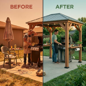 Grill Gazebo Built for Outdoor Cooking, Cedar Wood Construction, Steel Roof, USB Charging Station