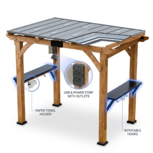 Grill Gazebo Built for Outdoor Cooking, Cedar Wood Construction, Steel Roof, USB Charging Station