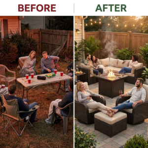 Outdoor Patio Furniture Set Built for All-Weather Use, Fire Pit Table, Swivel Chairs, 6-Inch Cushions