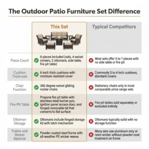 Outdoor Patio Furniture Set Built for All-Weather Use, Fire Pit Table, Swivel Chairs, 6-Inch Cushions