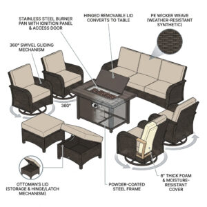 Outdoor Patio Furniture Set Built for All-Weather Use, Fire Pit Table, Swivel Chairs, 6-Inch Cushions