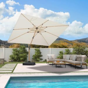 PURPLE LEAF Wood Grain Patio Umbrella with Base, Large Cantilever Umbrella for Garden