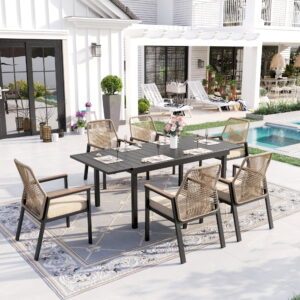 Sophia & William 7-Piece Outdoor Patio Dining Set Metal Rattan Chairs and Extendable Steel Table