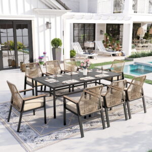 Sophia & William 9-Piece Outdoor Patio Dining Set Metal Rattan Chairs and Rectangle Steel Table