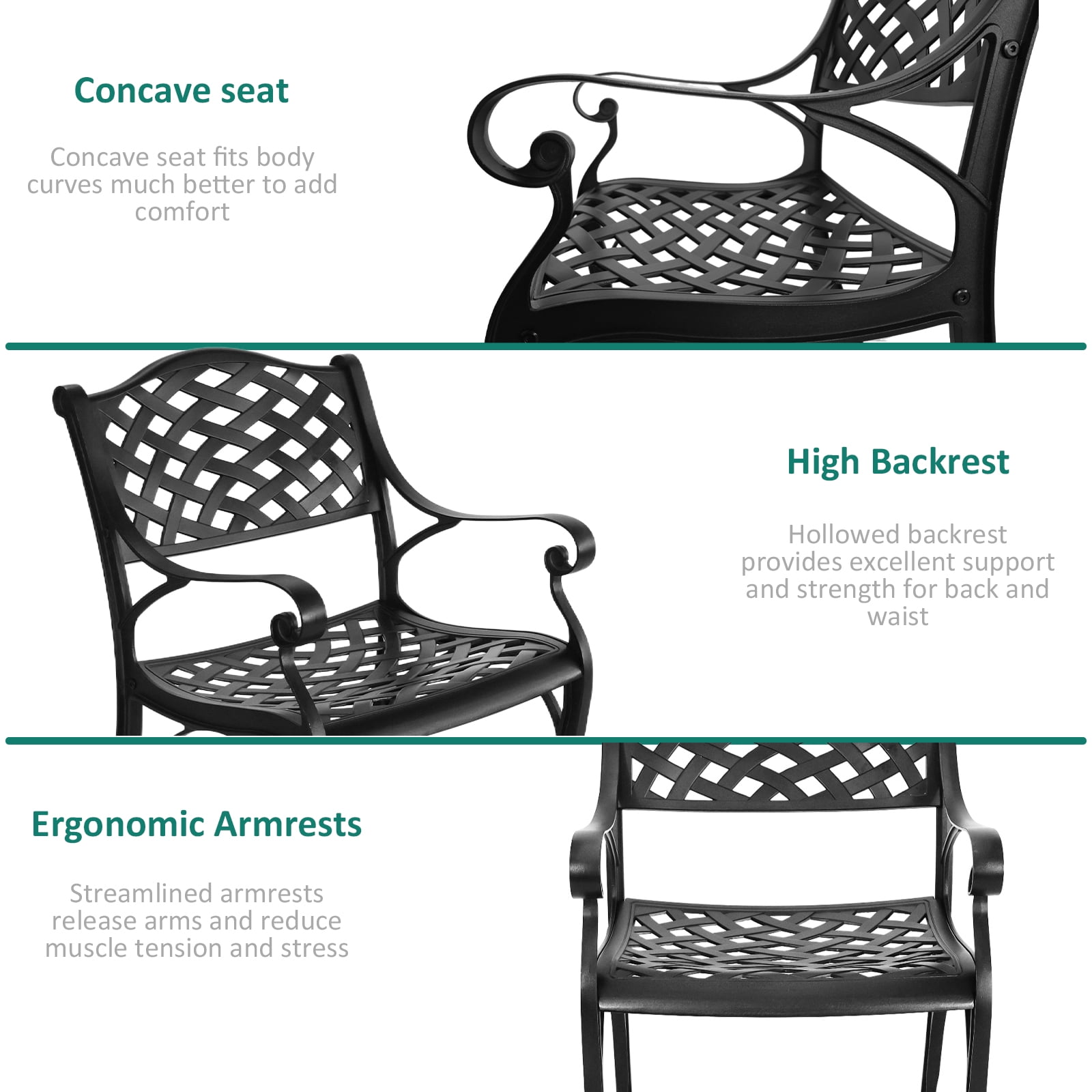 5 Pieces Cast Aluminium Patio Dining Set for 4-6 Person,Round 48" Patio Table and Chairs Set of 4 with 2.3" Umbrella Hole,Outdoor Patio Furniture Dining Set for Porch Backyard Deck, Black - Detailed View 3 | EuroLife Furniture