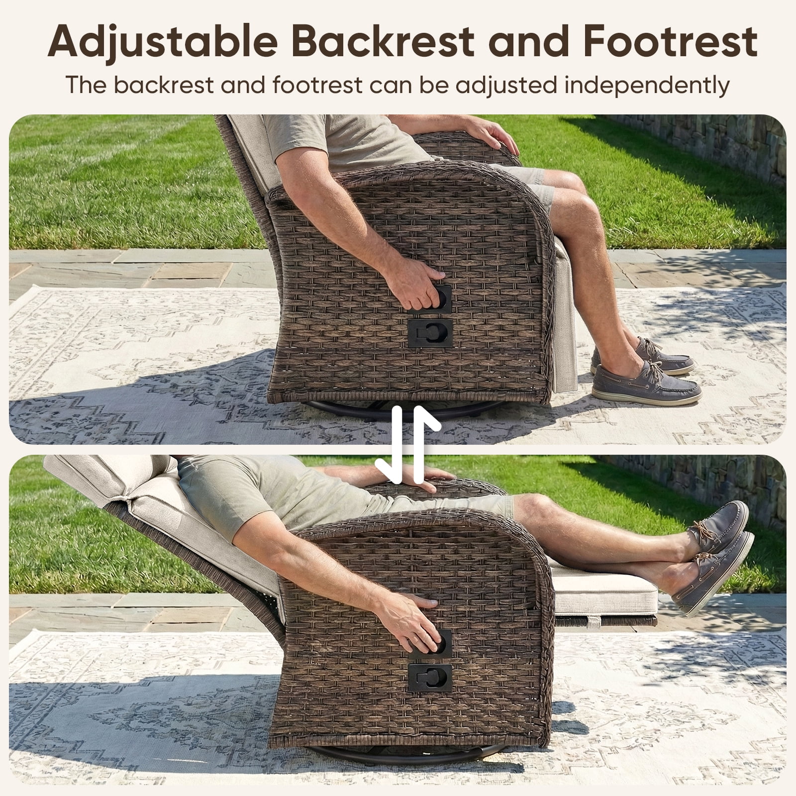 Gymojoy 5-Piece Patio Furniture Set with Swivel Recliner Chairs, Sofa and Coffee Table, Outdoor Wicker Patio Conversation Set with Adjustable Backrest & Footrest - Detailed View 5 | EuroLife Furniture