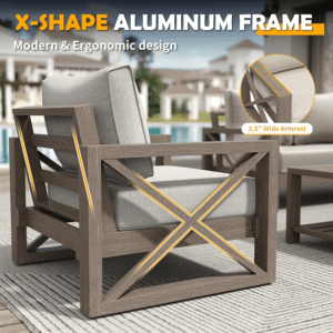 ELPOSUN Aluminum Outdoor Patio Furniture Set,6-Pieces Modern Metal Outdoor Furniture, Faux Wood Grain Finish Frame Patio Conversation Sofa Sets with 6"Thick Cushion for Porch,Backyard,Deck,Biege